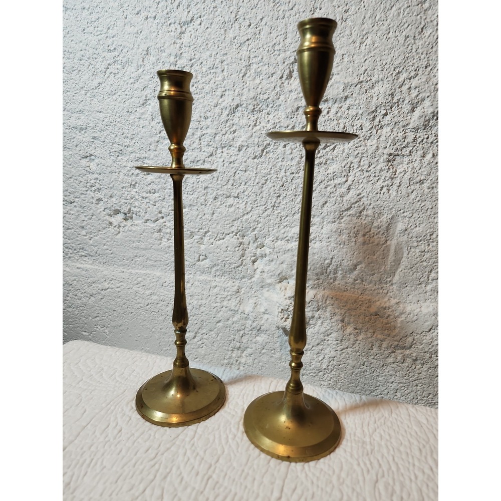 Pair of  Vintage Jarvie Style Brass Candlestick Holders 10.5" - 11.5" Unpolished